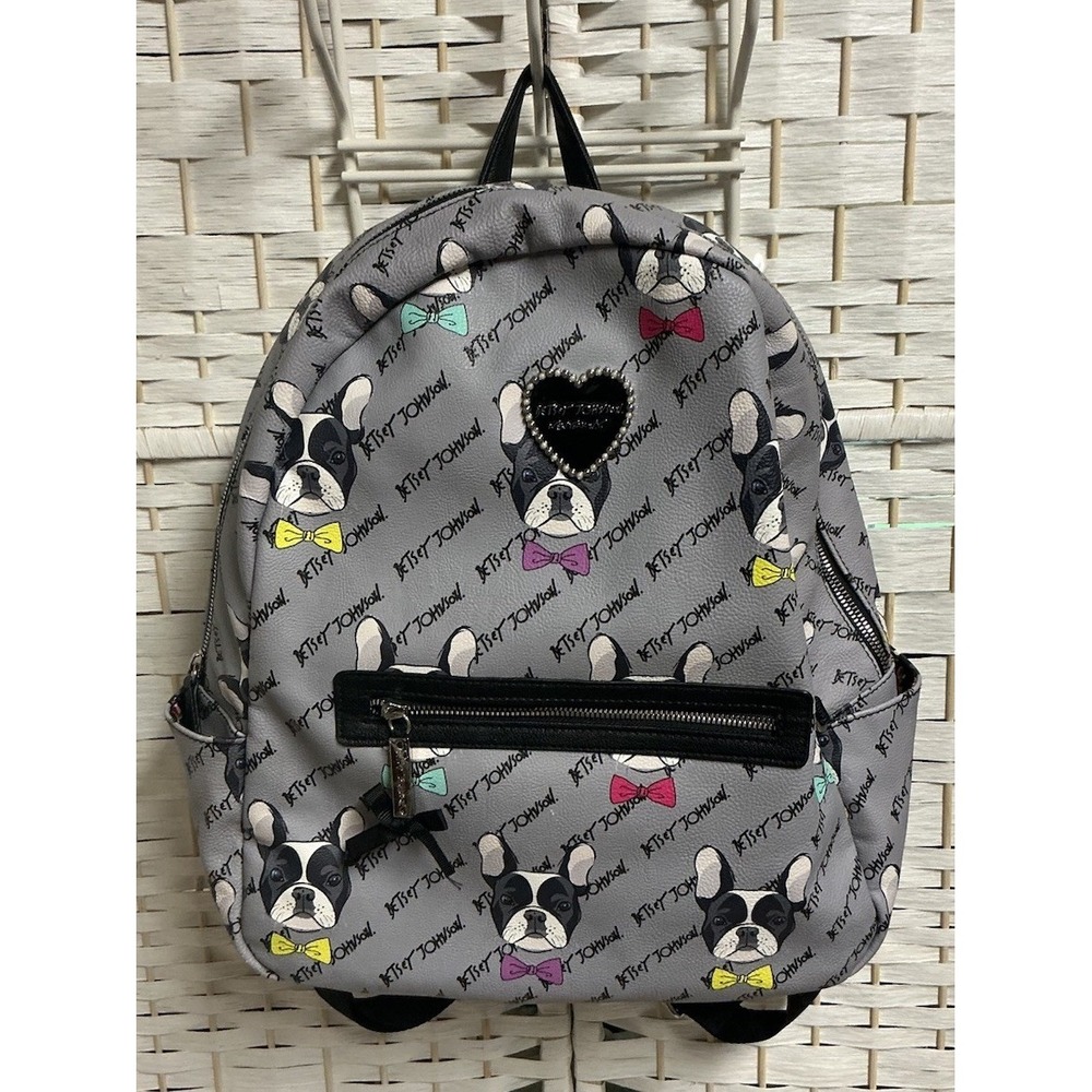 Betsey Johnson Logo Boston Terrier Print Backpack w/ 2 Zip Pockets